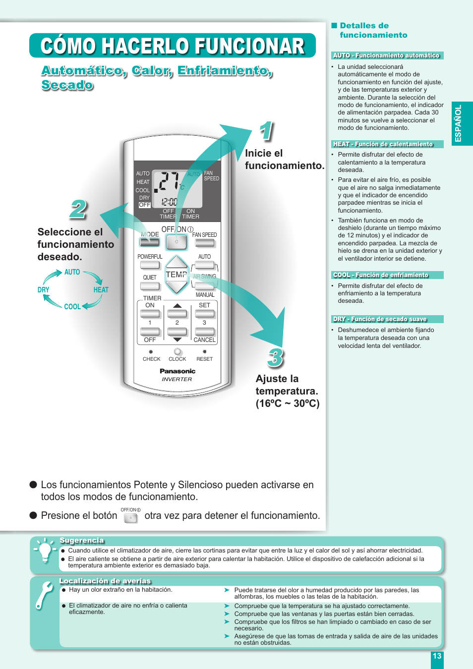 Cómo hacerlo funcionar, Automático, calor, enfriamiento, secado, Seleccione el funcionamiento deseado | Otra vez para detener el funcionamiento | Panasonic CUE18DBE User Manual | Page 13 / 60