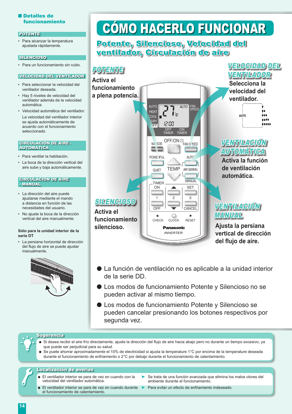Cómo hacerlo funcionar, Silencioso, Activa el funcionamiento a plena potencia | Activa el funcionamiento silencioso | Panasonic CUE18DBE User Manual | Page 14 / 60