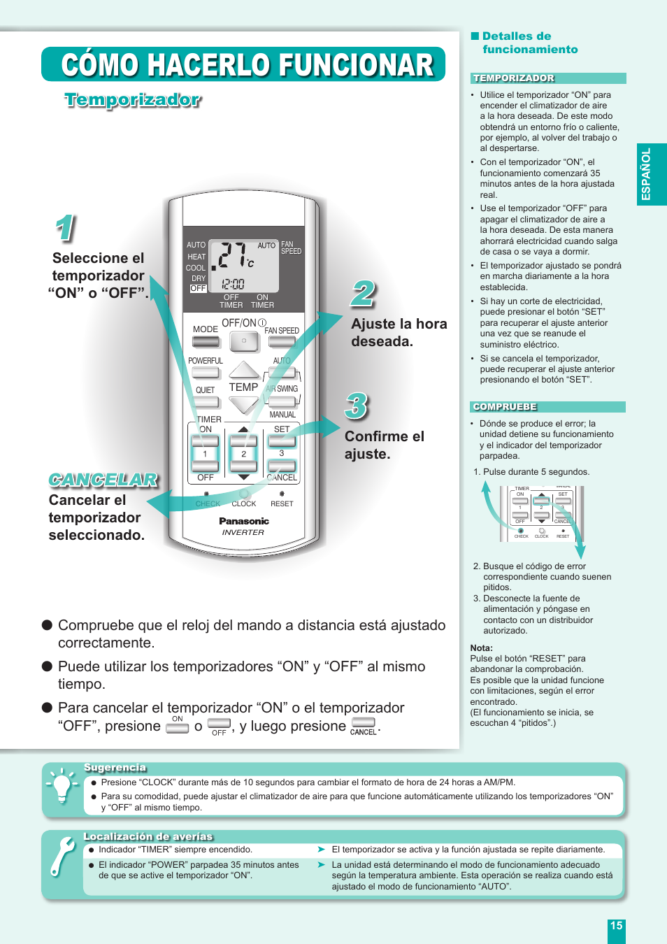 Cómo hacerlo funcionar, Velocidad del ventilador, Cancelar | Temporizador, Seleccione el temporizador “on” o “off, Ajuste la hora deseada, Confirme el ajuste | Panasonic CUE18DBE User Manual | Page 15 / 60