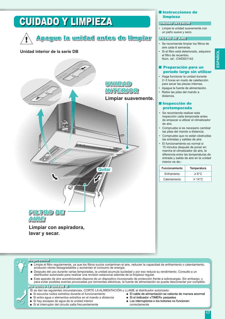 Cuidado y limpieza, Apague la unidad antes de limpiar, Unidad interior | Filtro de aire, Limpiar suavemente, Limpiar con aspiradora, lavar y secar, Unidad interior de la serie db, Quitar | Panasonic CUE18DBE User Manual | Page 17 / 60