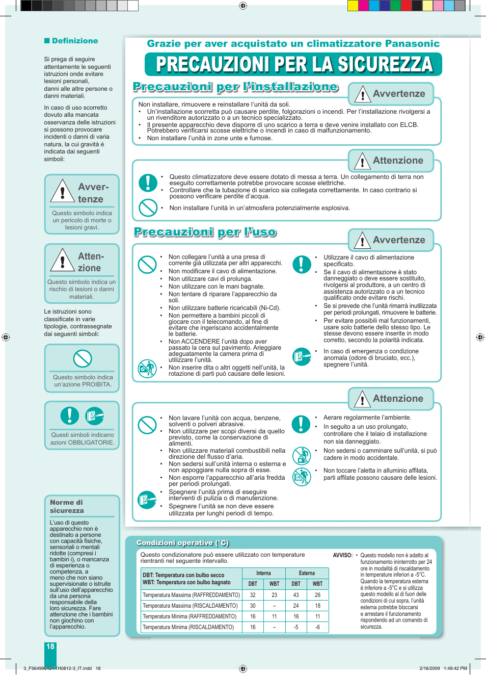 Precauzioni per la sicurezza, Precauzioni per l’uso, Precauzioni per l’installazione | Avver- tenze, Atten- zione, Attenzione avvertenze avvertenze attenzione | Panasonic CUE18DBE User Manual | Page 18 / 60