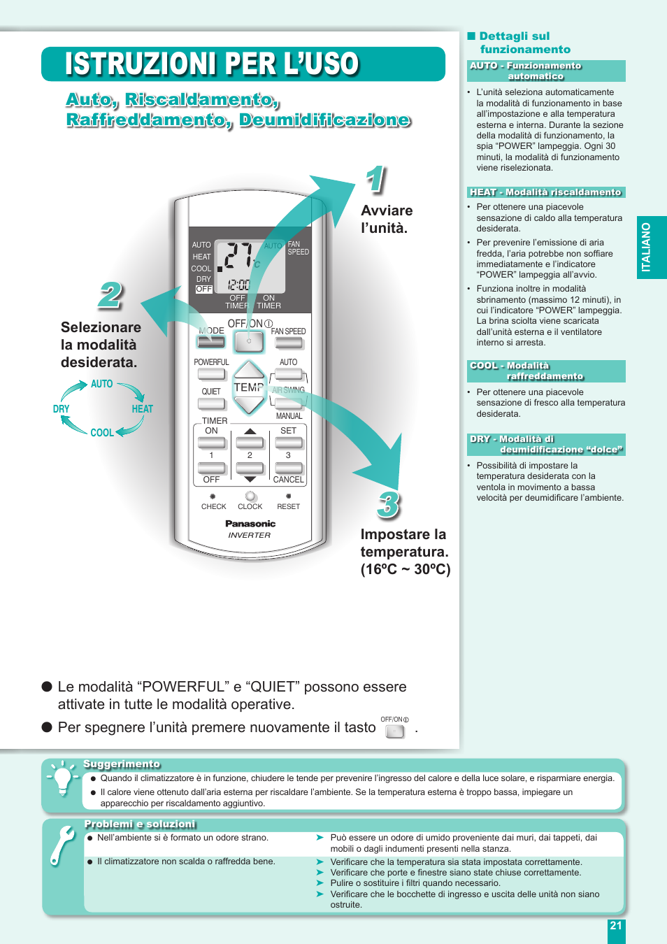 Istruzioni per l’uso, Selezionare la modalità desiderata | Panasonic CUE18DBE User Manual | Page 21 / 60