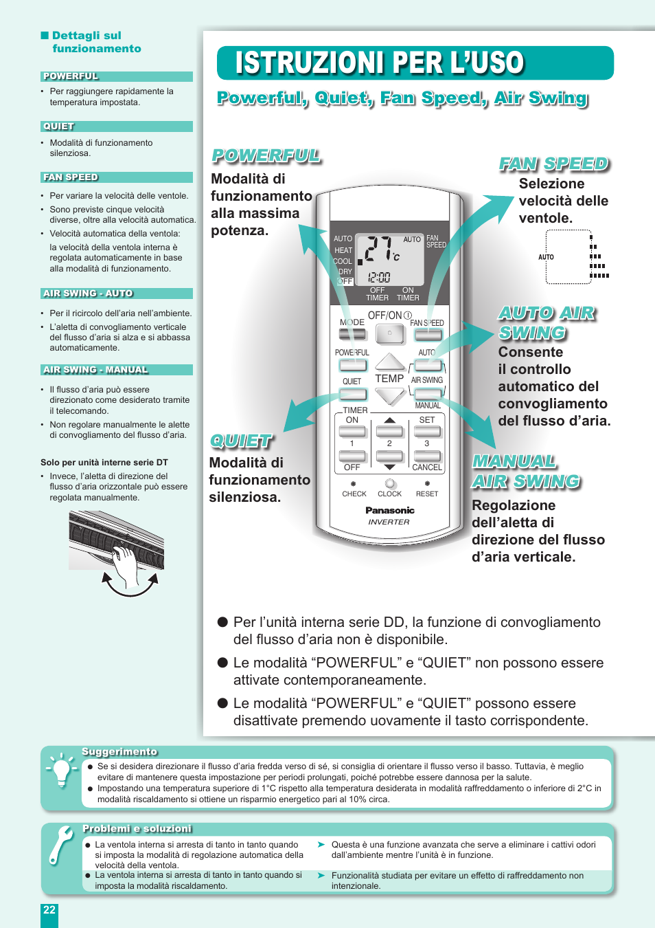 Istruzioni per l’uso, Quiet, Modalità di funzionamento alla massima potenza | Modalità di funzionamento silenziosa | Panasonic CUE18DBE User Manual | Page 22 / 60