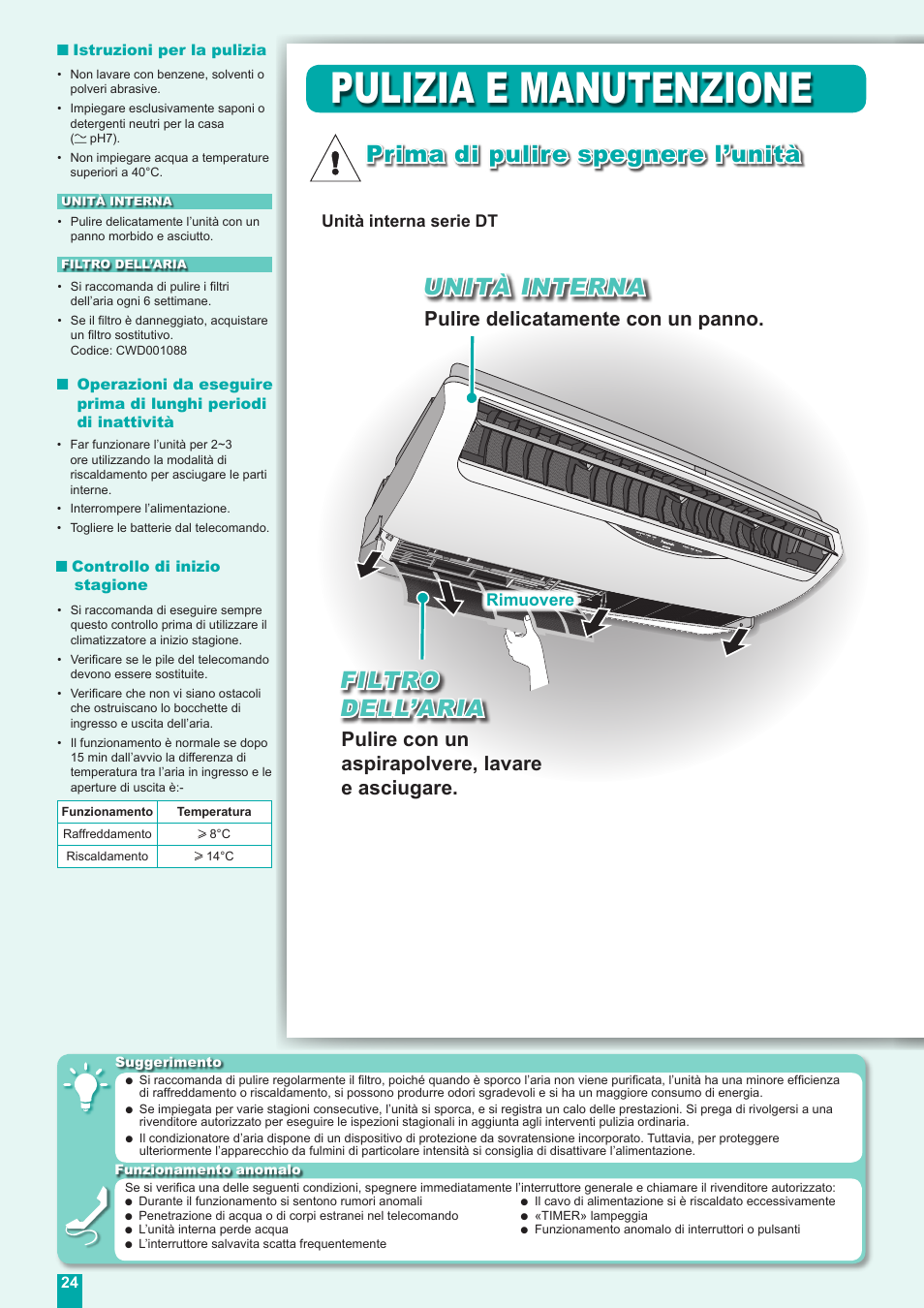 Pulizia e manutenzione, Filtro dell’aria, Prima di pulire spegnere l’unità | Unità interna, Pulire con un aspirapolvere, lavare e asciugare, Pulire delicatamente con un panno, Rimuovere, Unità interna serie dt | Panasonic CUE18DBE User Manual | Page 24 / 60