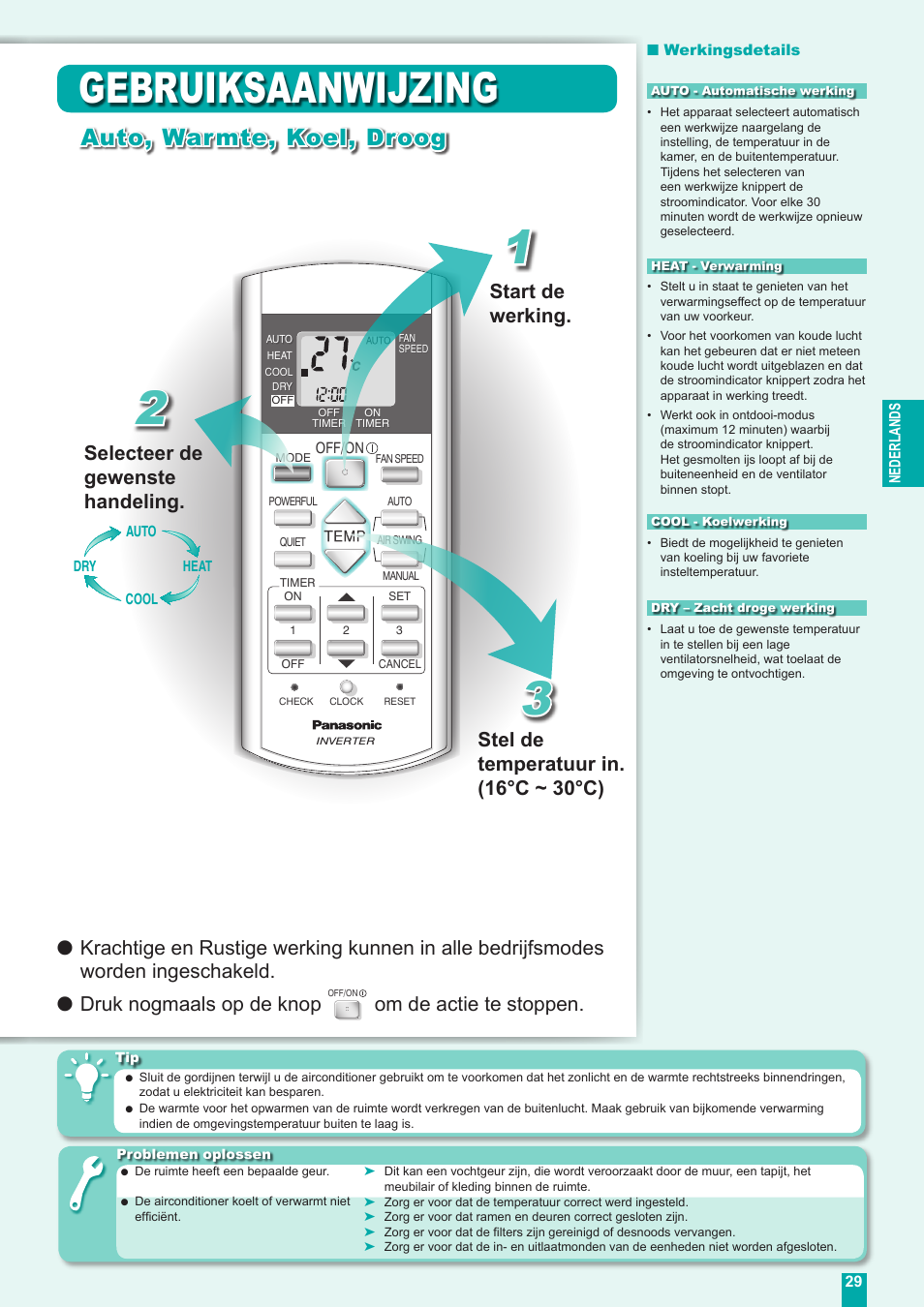 Gebruiksaanwijzing, Auto, warmte, koel, droog, Selecteer de gewenste handeling | Om de actie te stoppen | Panasonic CUE18DBE User Manual | Page 29 / 60