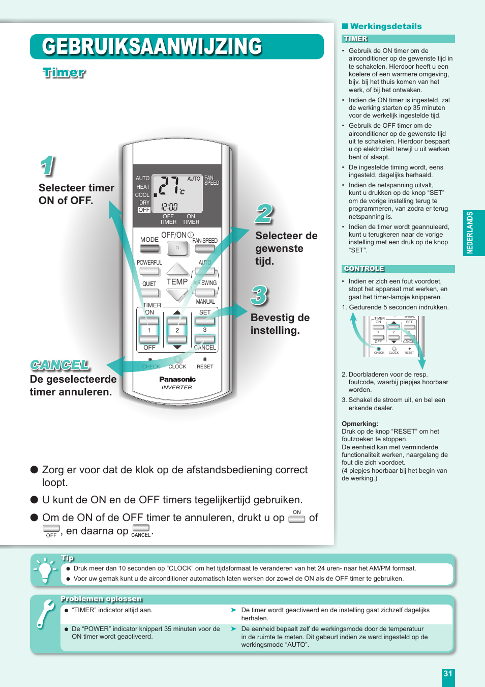 Gebruiksaanwijzing, Timer cancel, Selecteer timer on of off | Selecteer de gewenste tijd, Bevestig de instelling, De geselecteerde timer annuleren | Panasonic CUE18DBE User Manual | Page 31 / 60