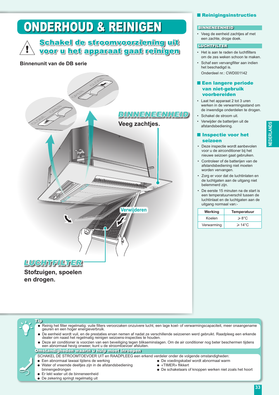 Onderhoud & reinigen, Luchtfilter, Binneneenheid | Stofzuigen, spoelen en drogen, Veeg zachtjes, Binnenunit van de db serie, Verwijderen | Panasonic CUE18DBE User Manual | Page 33 / 60