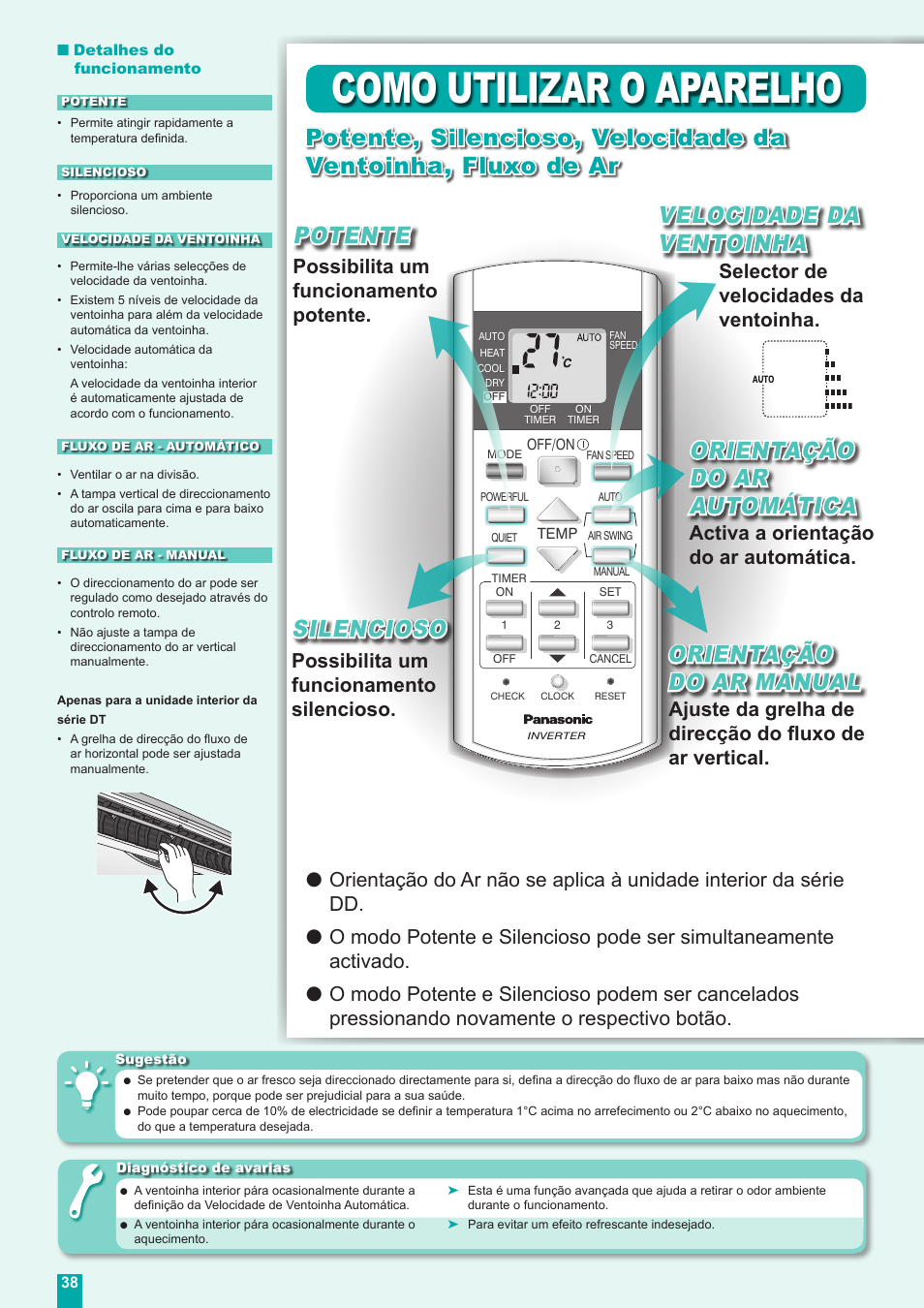 Como utilizar o aparelho, Silencioso, Possibilita um funcionamento potente | Possibilita um funcionamento silencioso, Selector de velocidades da ventoinha | Panasonic CUE18DBE User Manual | Page 38 / 60