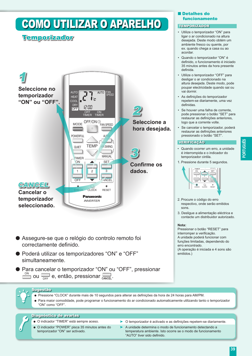 Como utilizar o aparelho, Temporizador cancel, Seleccione no temporizador “on” ou “off | Seleccione a hora desejada, Confirme os dados, Cancelar o temporizador seleccionado | Panasonic CUE18DBE User Manual | Page 39 / 60