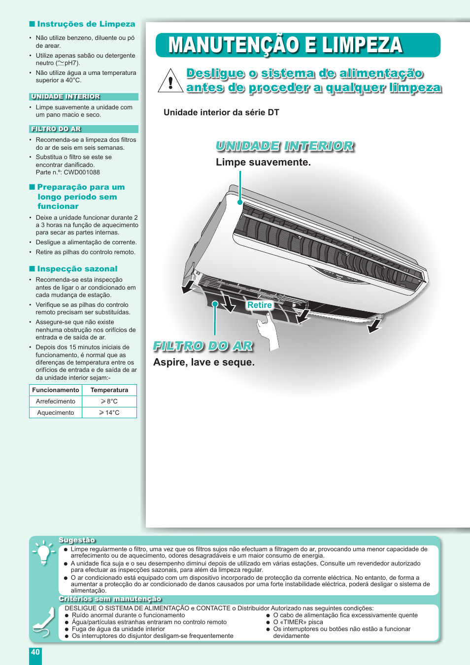 Manutenção e limpeza, Unidade interior, Aspire, lave e seque | Limpe suavemente, Retire, Unidade interior da série dt | Panasonic CUE18DBE User Manual | Page 40 / 60