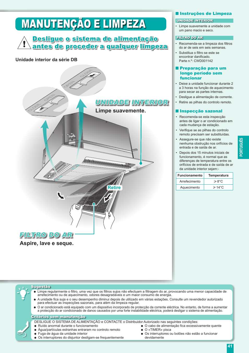 Manutenção e limpeza, Filtro do ar, Unidade interior | Aspire, lave e seque, Limpe suavemente, Unidade interior da série db, Retire | Panasonic CUE18DBE User Manual | Page 41 / 60