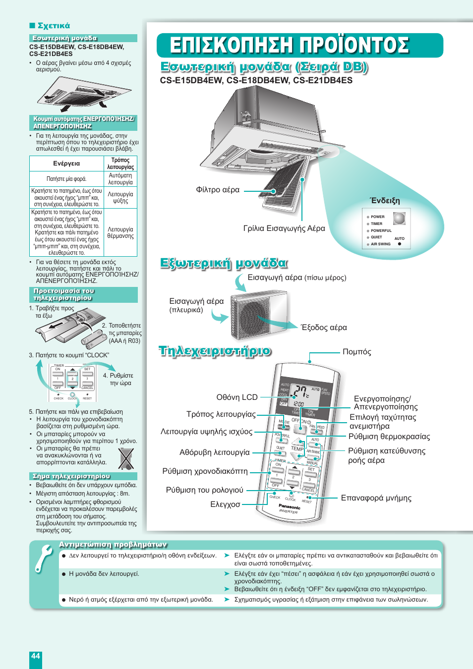 Επισκοπηση προϊοντοσ, Τηλεχειριστήριο, Εσωτερική µονάδα (σειρά db) | Εξωτερική µονάδα, Σχετικά, Γρίλια εισαγωγής αέρα, Φίλτρο αέρα ένδειξη, Εισαγωγή αέρα, Έξοδος αέρα εισαγωγή αέρα, Ενεργοποίησης/ απενεργοποίησης | Panasonic CUE18DBE User Manual | Page 44 / 60
