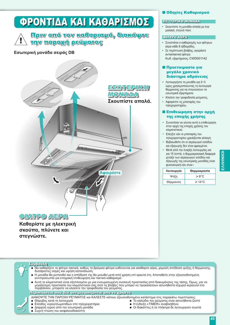 Φροντιδα και καθαρισμοσ, Φιλτρο αέρα, Εσωτερική μονάδα | Σκουπίστε απαλά, Εσωτερική μονάδα σειράς db, Αφαιρέστε | Panasonic CUE18DBE User Manual | Page 49 / 60