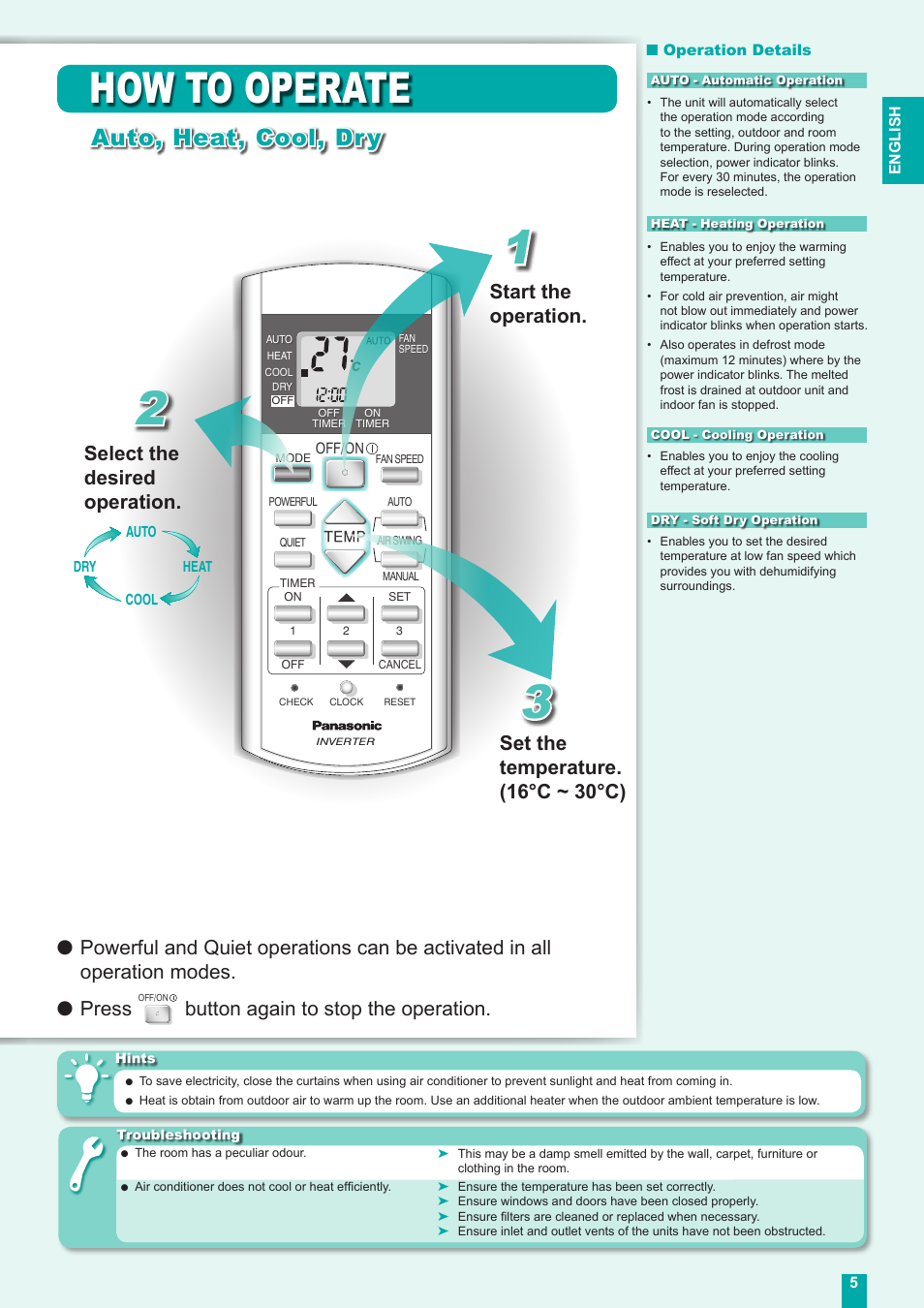 How to operate, Auto, heat, cool, dry, Select the desired operation | Button again to stop the operation | Panasonic CUE18DBE User Manual | Page 5 / 60