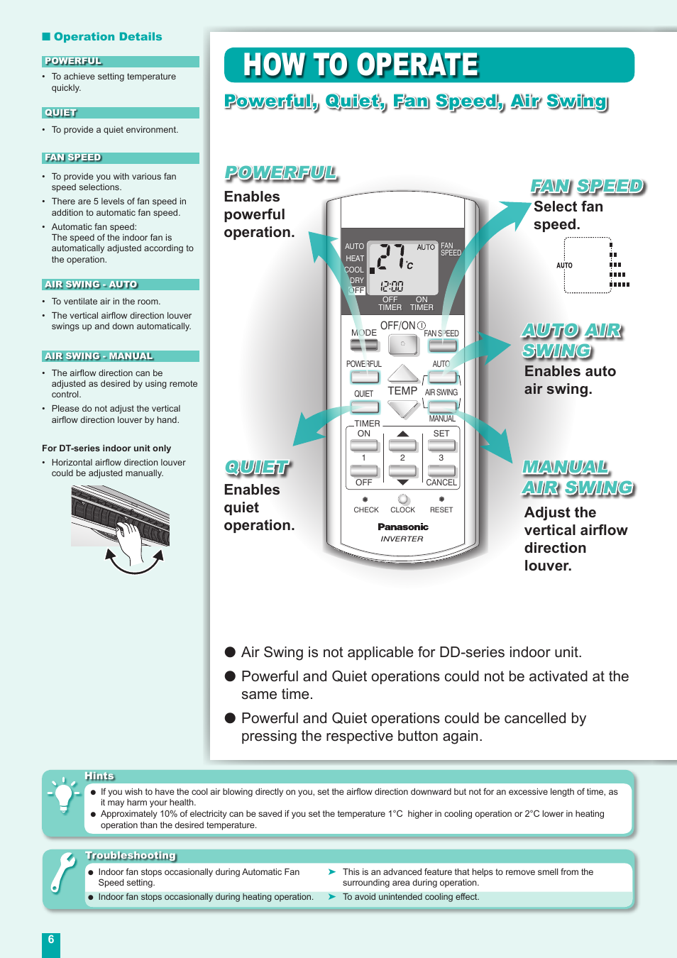 How to operate, Quiet, Enables powerful operation | Enables quiet operation, Select fan speed. enables auto air swing, Adjust the vertical airflow direction louver | Panasonic CUE18DBE User Manual | Page 6 / 60