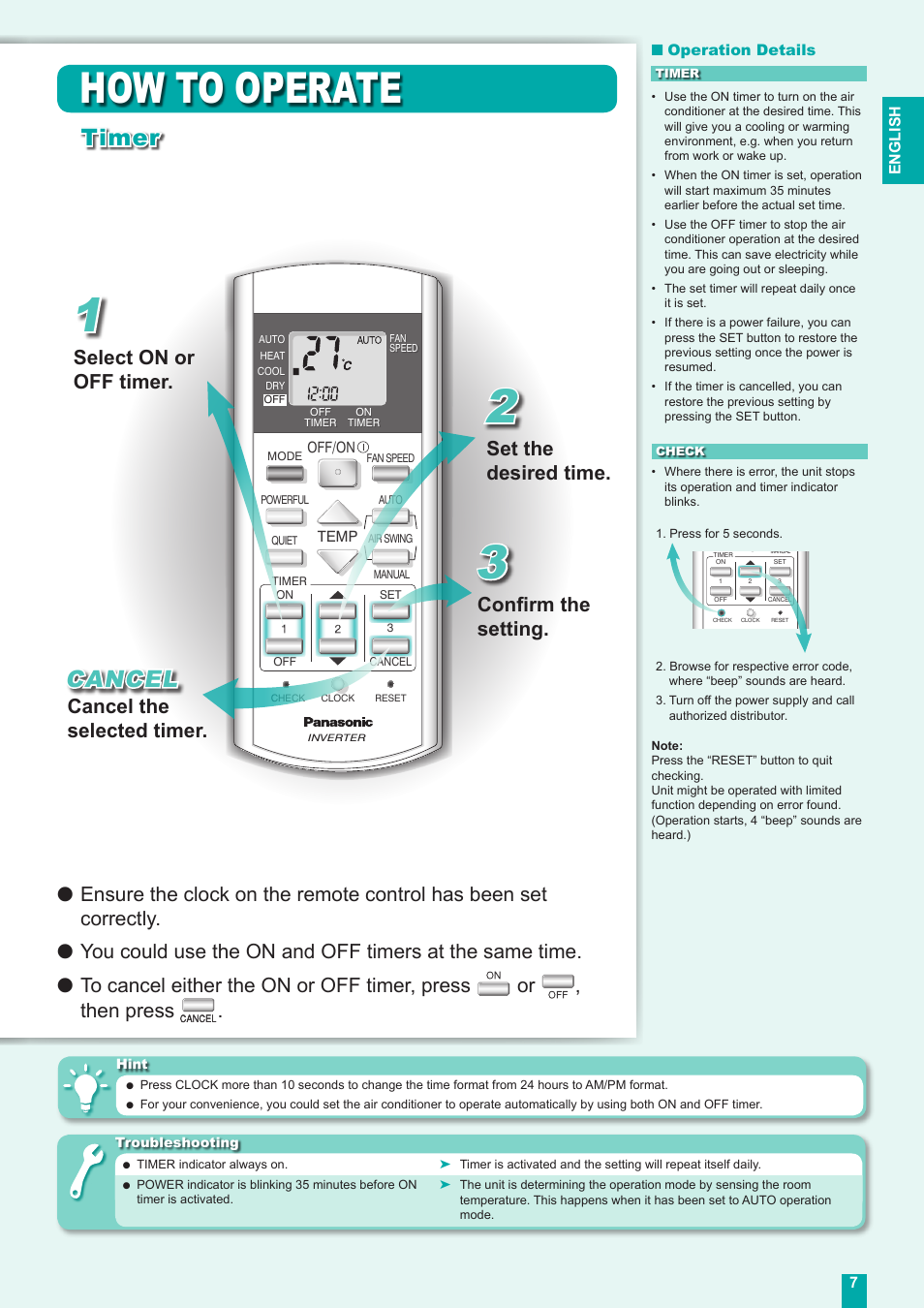 How to operate, Fan speed, Timer cancel | Select on or off timer, Set the desired time, Confirm the setting, Cancel the selected timer | Panasonic CUE18DBE User Manual | Page 7 / 60