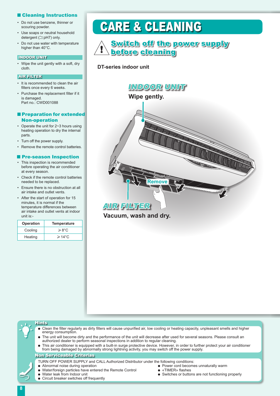 Care & cleaning, Air filter, Switch off the power supply before cleaning | Indoor unit, Vacuum, wash and dry, Wipe gently, Remove, Dt-series indoor unit | Panasonic CUE18DBE User Manual | Page 8 / 60