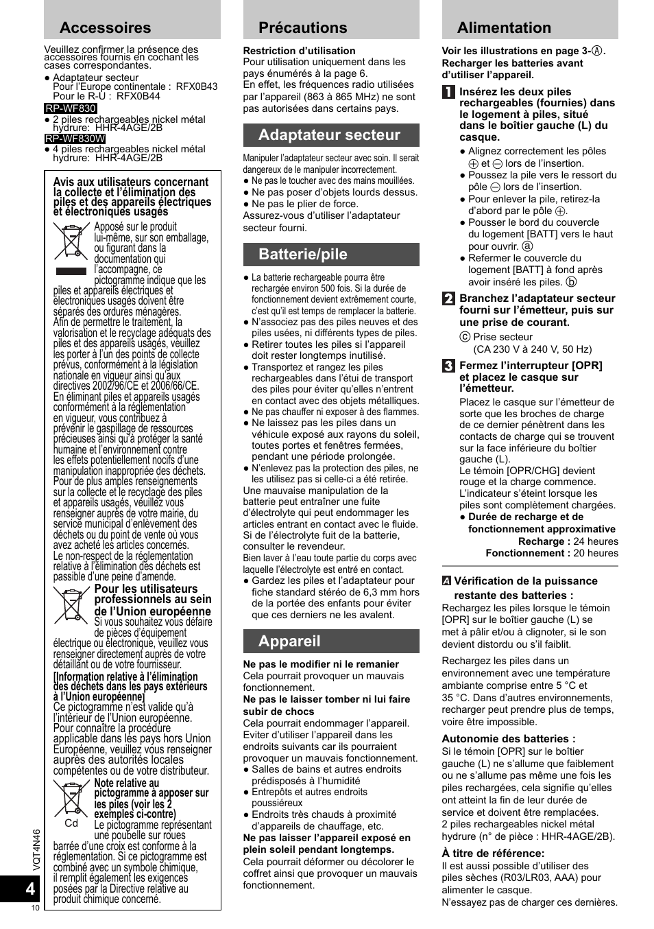 Accessoires, Précautions, Adaptateur secteur | Batterie/pile, Appareil, Alimentation | Panasonic RPWF830E User Manual | Page 10 / 52