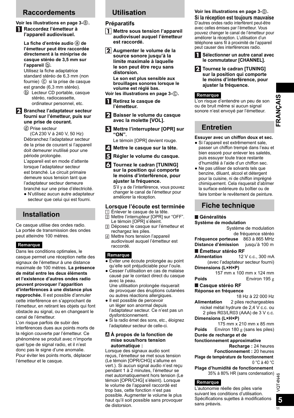 Raccordements, Installation, Utilisation | Entretien, Fiche technique, Français | Panasonic RPWF830E User Manual | Page 11 / 52