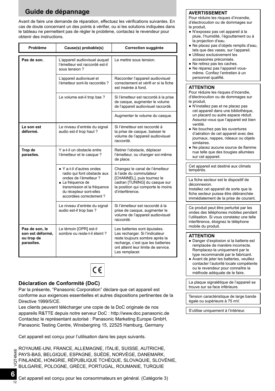 Guide de dépannage, Déclaration de conformité (doc) | Panasonic RPWF830E User Manual | Page 12 / 52