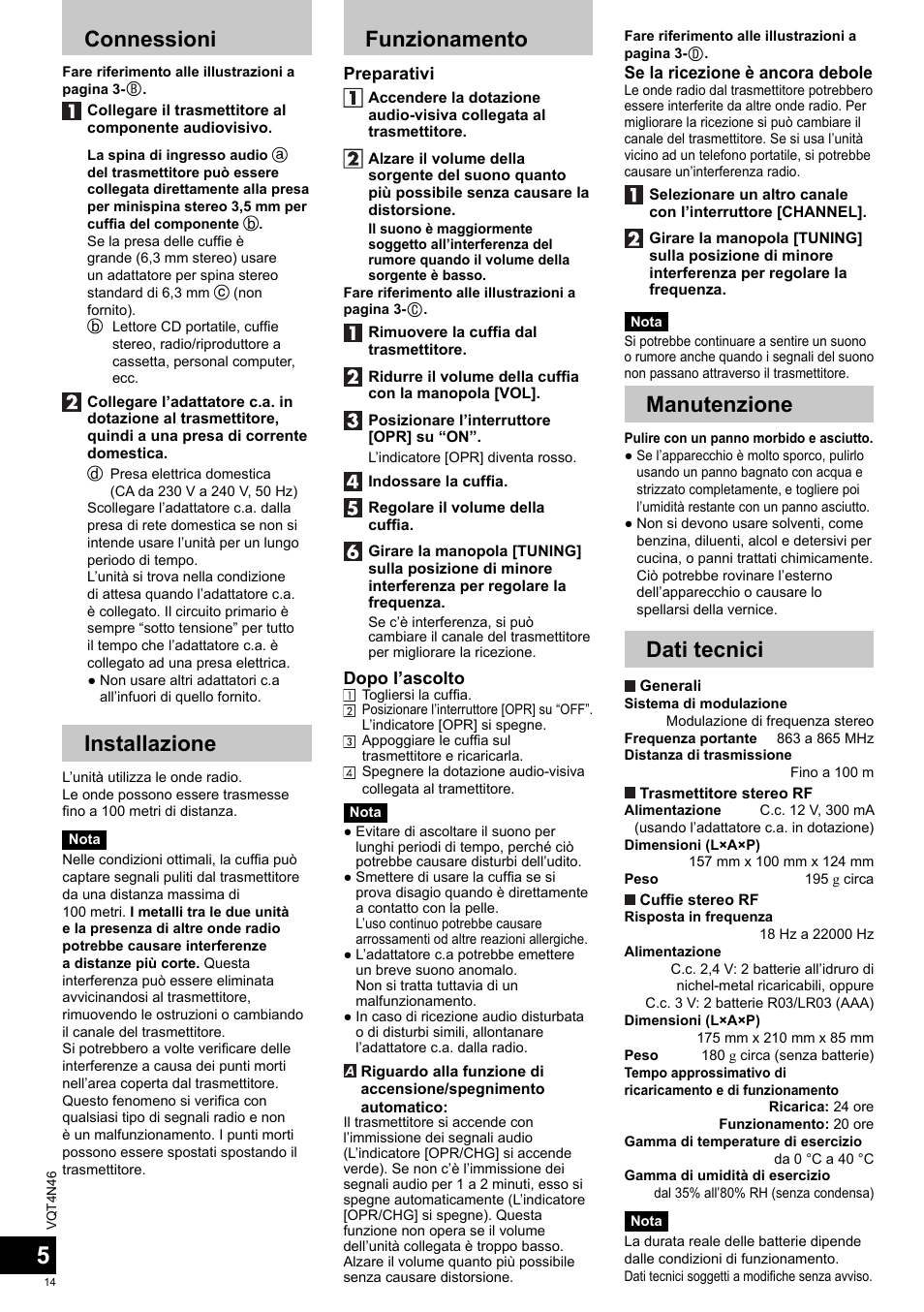 Connessioni, Installazione, Funzionamento | Manutenzione, Dati tecnici | Panasonic RPWF830E User Manual | Page 14 / 52