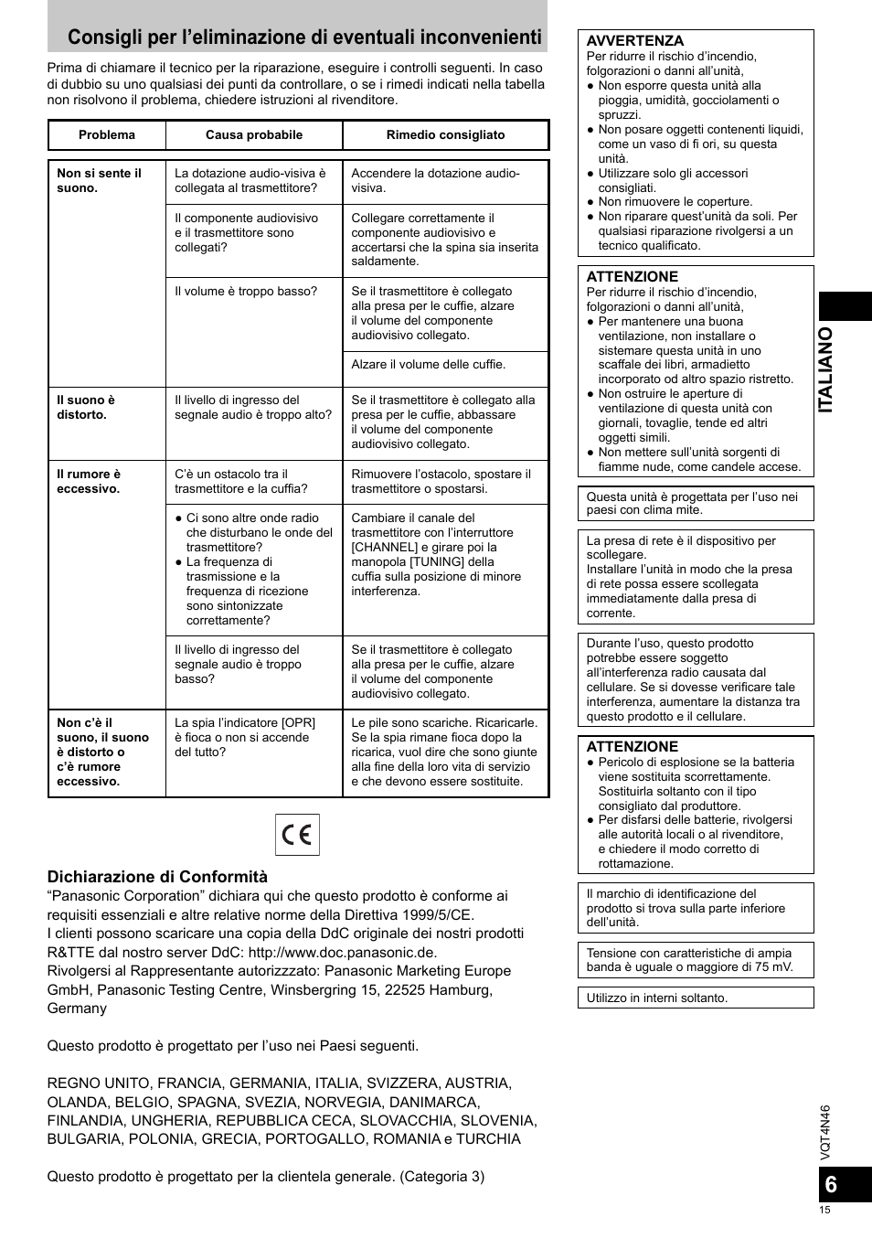 It aliano, Dichiarazione di conformità | Panasonic RPWF830E User Manual | Page 15 / 52