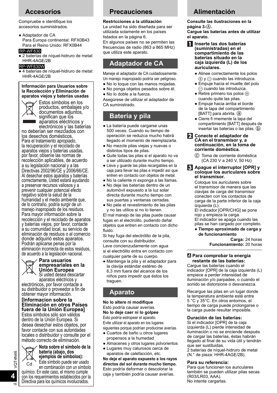 Accesorios, Precauciones, Adaptador de ca | Batería y pila, Aparato, Alimentación | Panasonic RPWF830E User Manual | Page 16 / 52