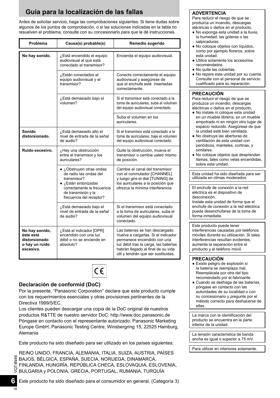 Guía para la localización de las fallas, Declaración de conformid (doc) | Panasonic RPWF830E User Manual | Page 18 / 52
