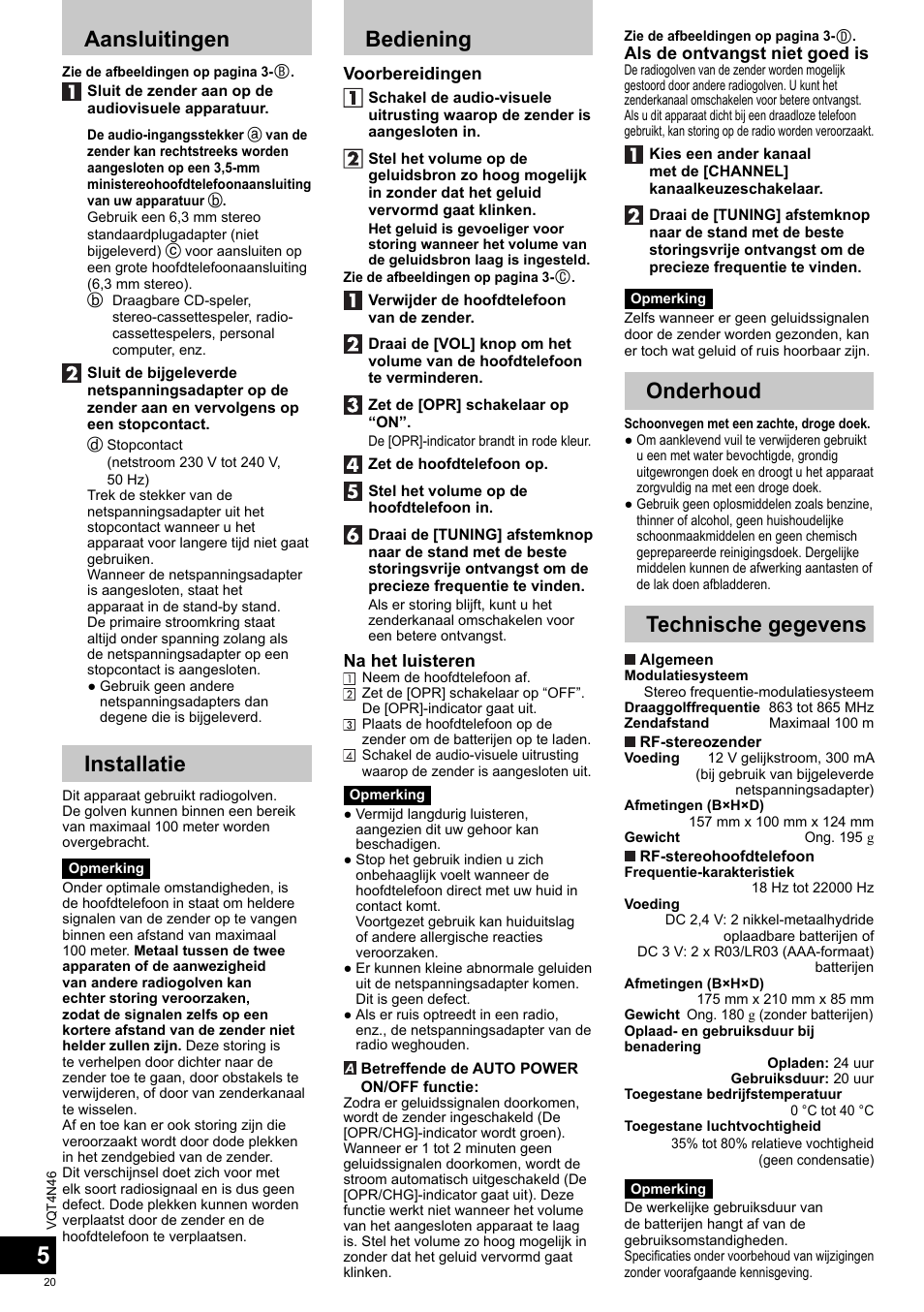 Aansluitingen, Installatie, Bediening | Onderhoud, Technische gegevens | Panasonic RPWF830E User Manual | Page 20 / 52