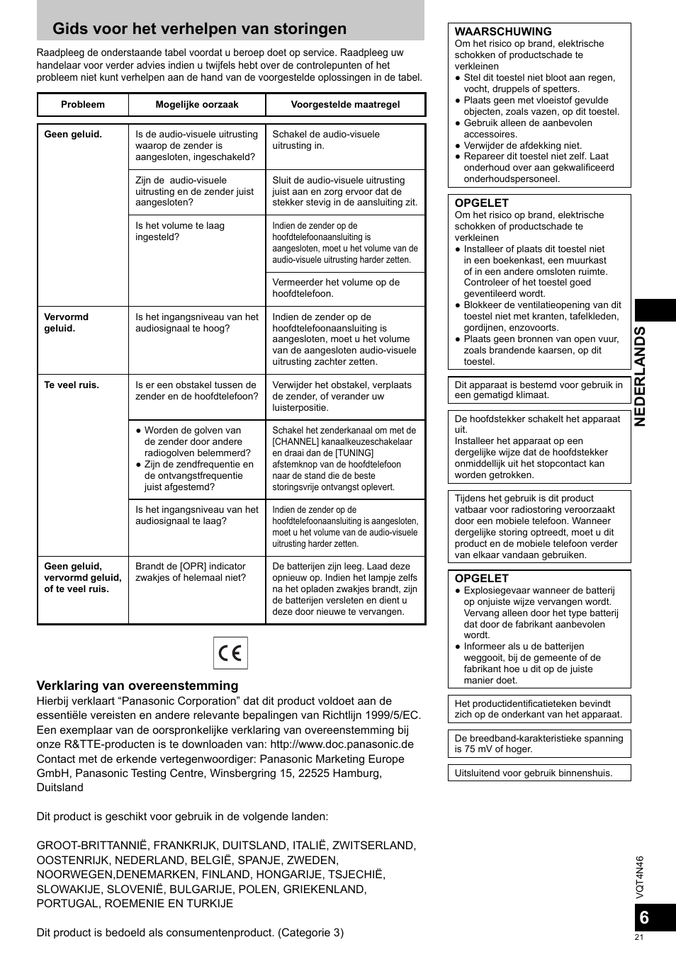Gids voor het verhelpen van storingen, Nederlands, Verklaring van overeenstemming | Panasonic RPWF830E User Manual | Page 21 / 52