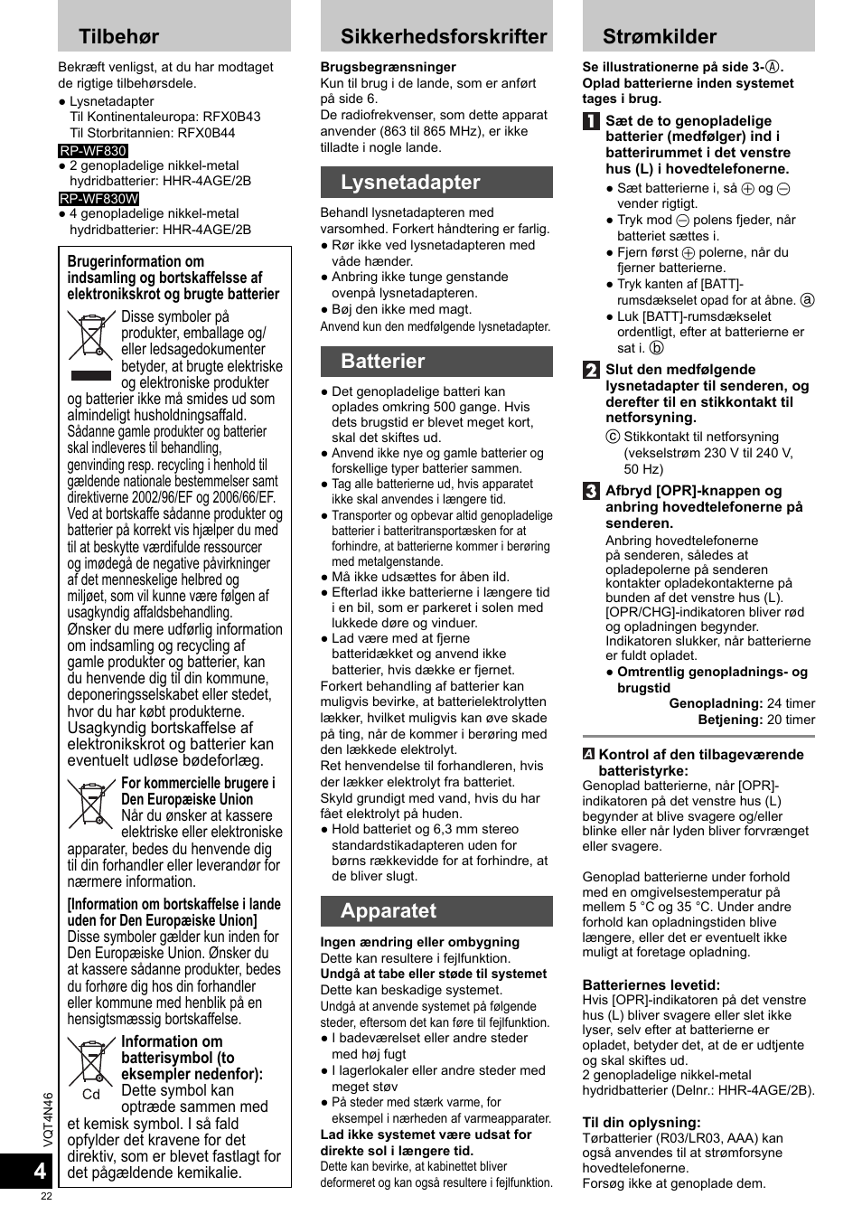 Tilbehør, Sikkerhedsforskrifter, Lysnetadapter | Batterier, Apparatet, Strømkilder | Panasonic RPWF830E User Manual | Page 22 / 52