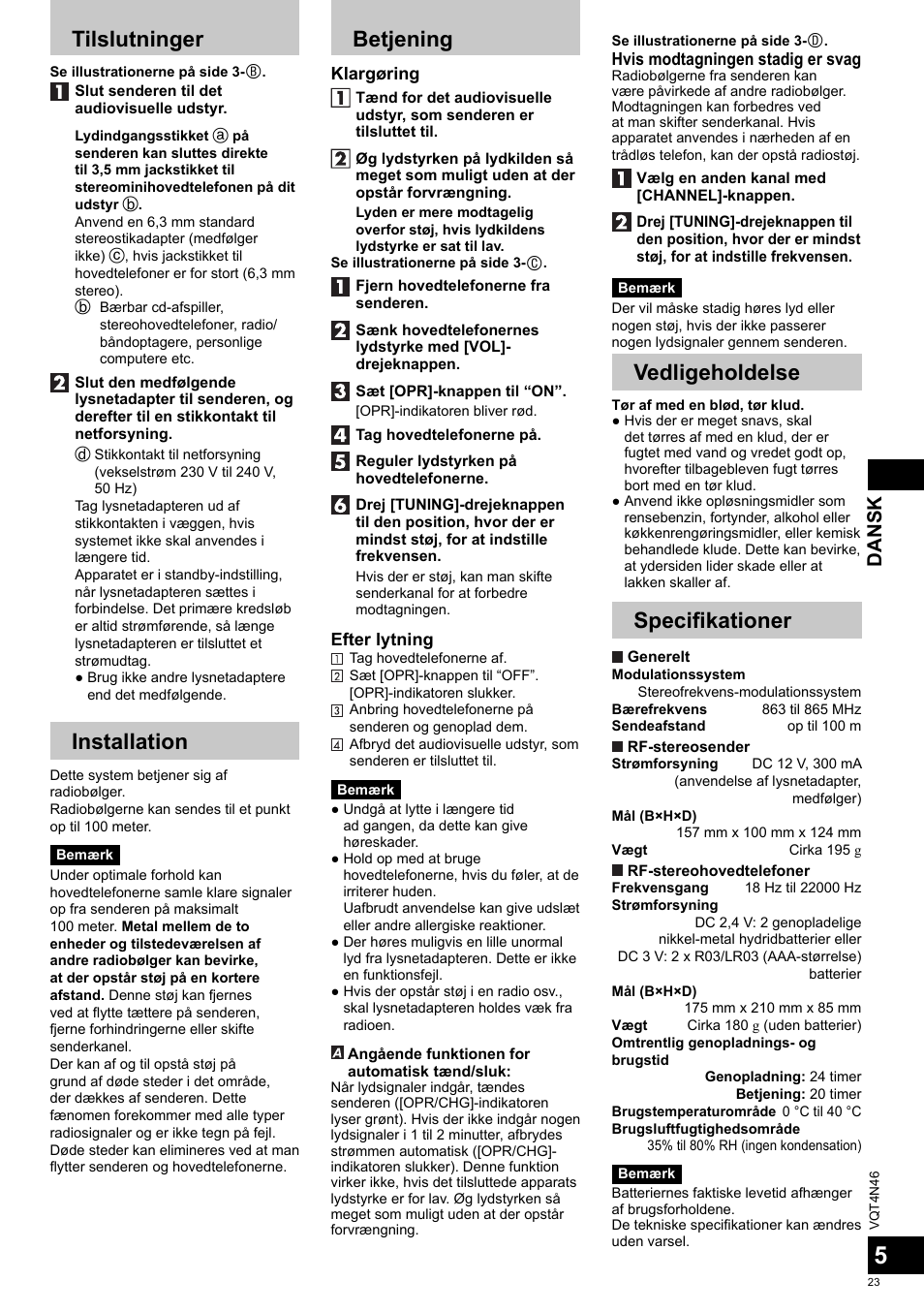 Tilslutninger, Installation, Betjening | Vedligeholdelse, Specifi kationer, Dansk | Panasonic RPWF830E User Manual | Page 23 / 52
