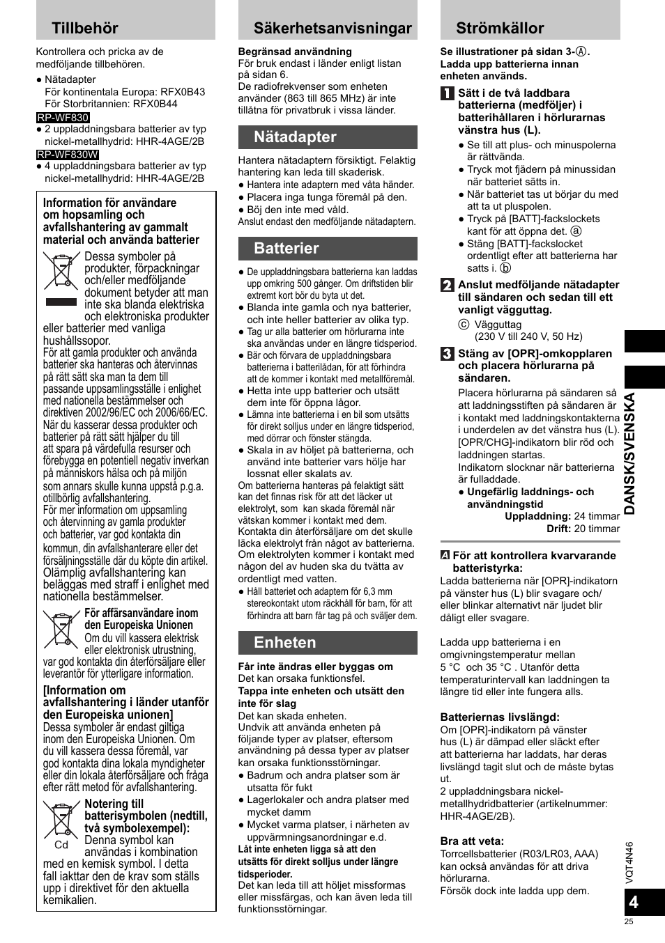 Tillbehör, Säkerhetsanvisningar, Nätadapter | Batterier, Enheten, Strömkällor, Dansk/svenska | Panasonic RPWF830E User Manual | Page 25 / 52