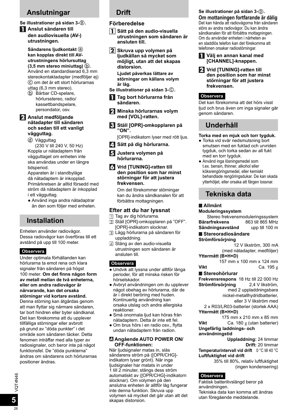 Anslutningar, Installation, Drift | Underhåll, Tekniska data | Panasonic RPWF830E User Manual | Page 26 / 52