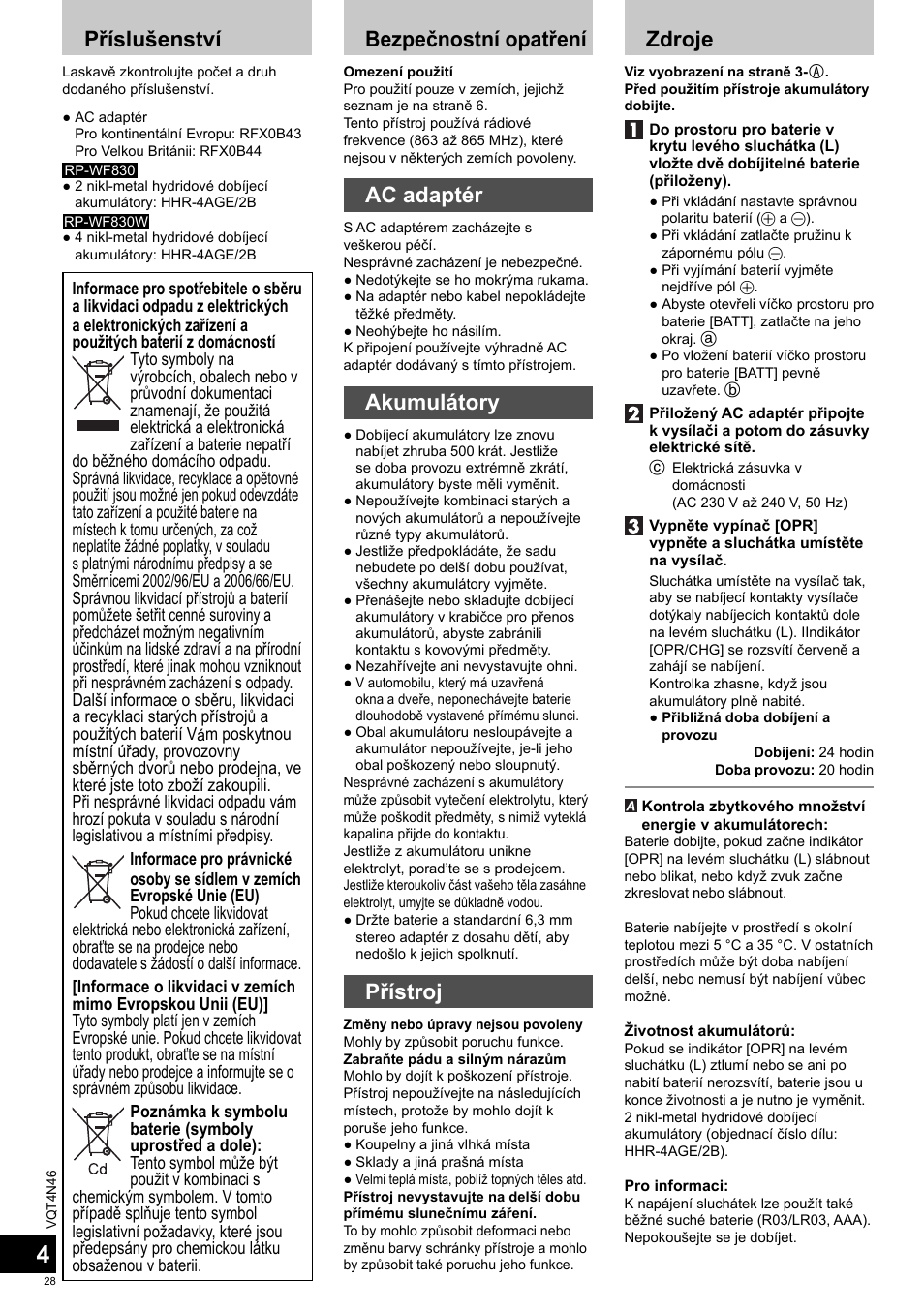 Příslušenství, Bezpečnostní opatření, Ac adaptér | Akumulátory, Přístroj, Zdroje | Panasonic RPWF830E User Manual | Page 28 / 52