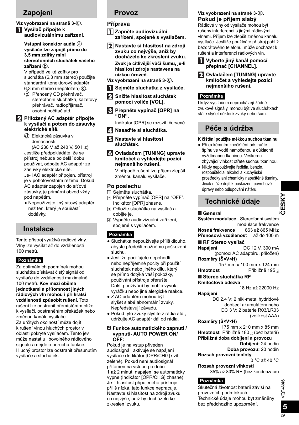 Zapojení, Instalace, Provoz | Péče a údržba, Technické údaje, Česky | Panasonic RPWF830E User Manual | Page 29 / 52