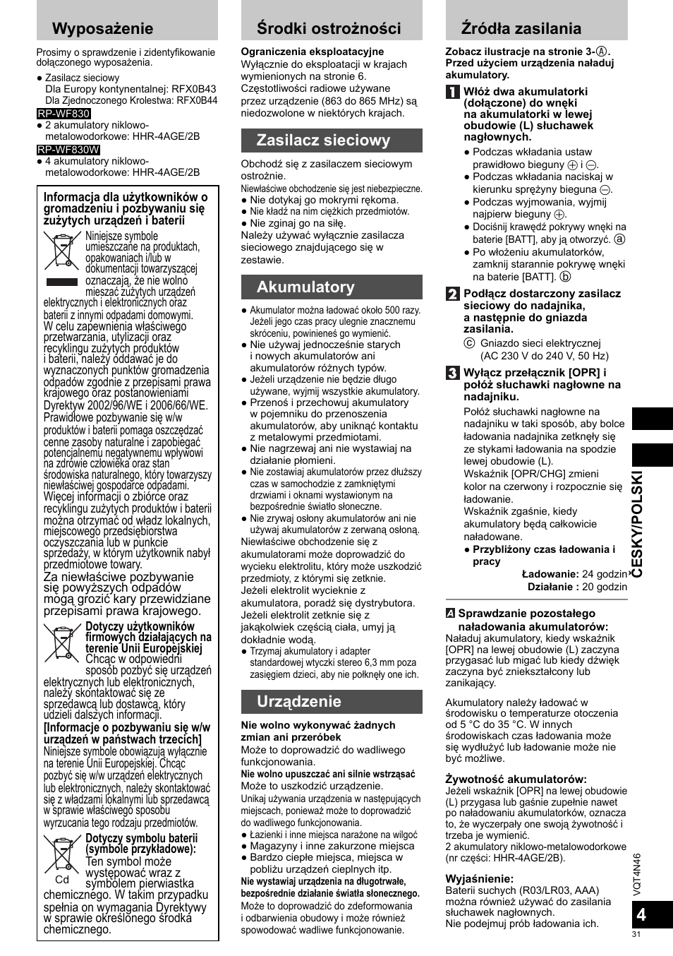 Wyposażenie, Środki ostrożności, Zasilacz sieciowy | Akumulatory, Urządzenie, Źródła zasilania, Česky/polski | Panasonic RPWF830E User Manual | Page 31 / 52