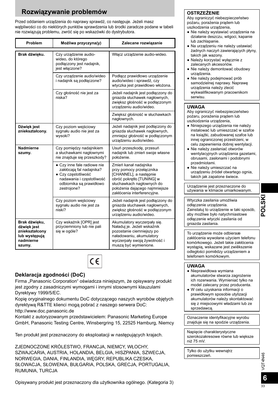 Rozwiązywanie problemów, Polski, Deklaracja zgodności (doc) | Panasonic RPWF830E User Manual | Page 33 / 52