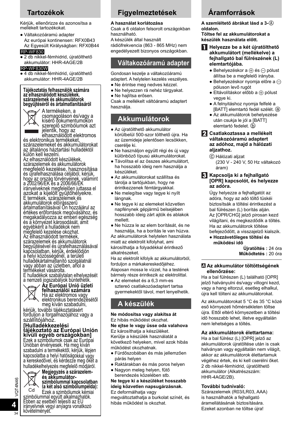 Tartozékok, Figyelmeztetések, Váltakozóáramú adapter | Akkumulátorok, A készülék, Áramforrások | Panasonic RPWF830E User Manual | Page 34 / 52