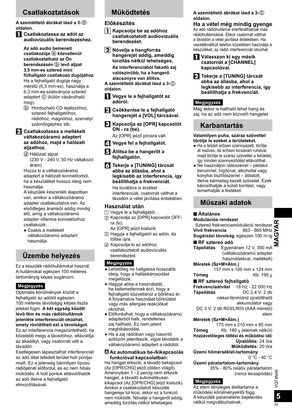 Csatlakoztatások, Üzembe helyezés, Működtetés | Karbantartás, Műszaki adatok, Magy ar | Panasonic RPWF830E User Manual | Page 35 / 52