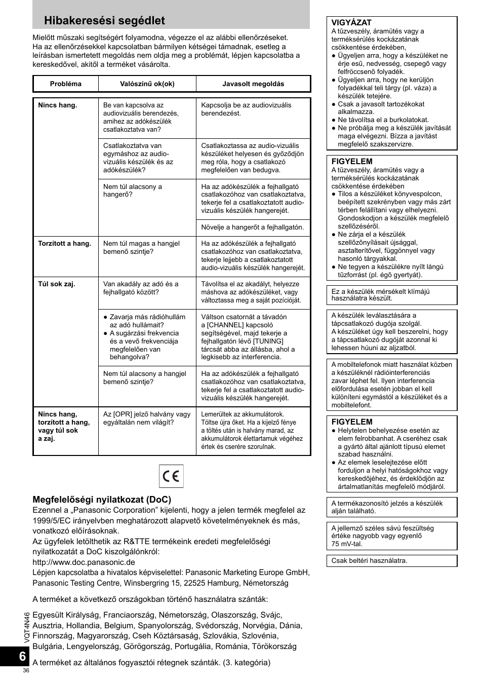Hibakeresési segédlet, Megfelelőségi nyilatkozat (doc) | Panasonic RPWF830E User Manual | Page 36 / 52
