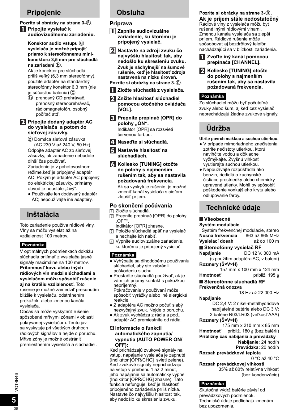 Pripojenie, Inštalácia, Obsluha | Údržba, Technické údaje | Panasonic RPWF830E User Manual | Page 38 / 52