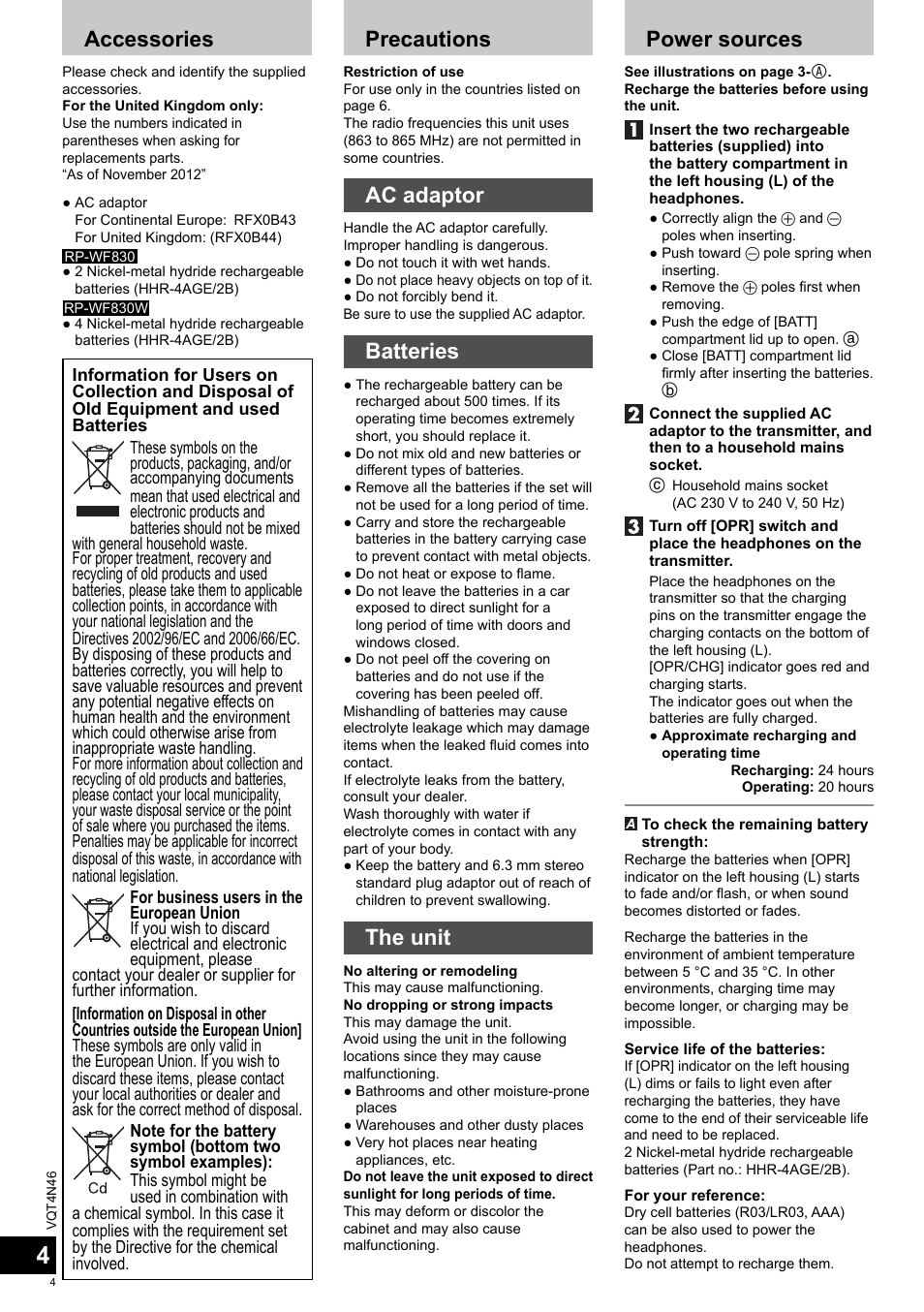 Accessories, Precautions, Ac adaptor | Batteries, The unit, Power sources | Panasonic RPWF830E User Manual | Page 4 / 52