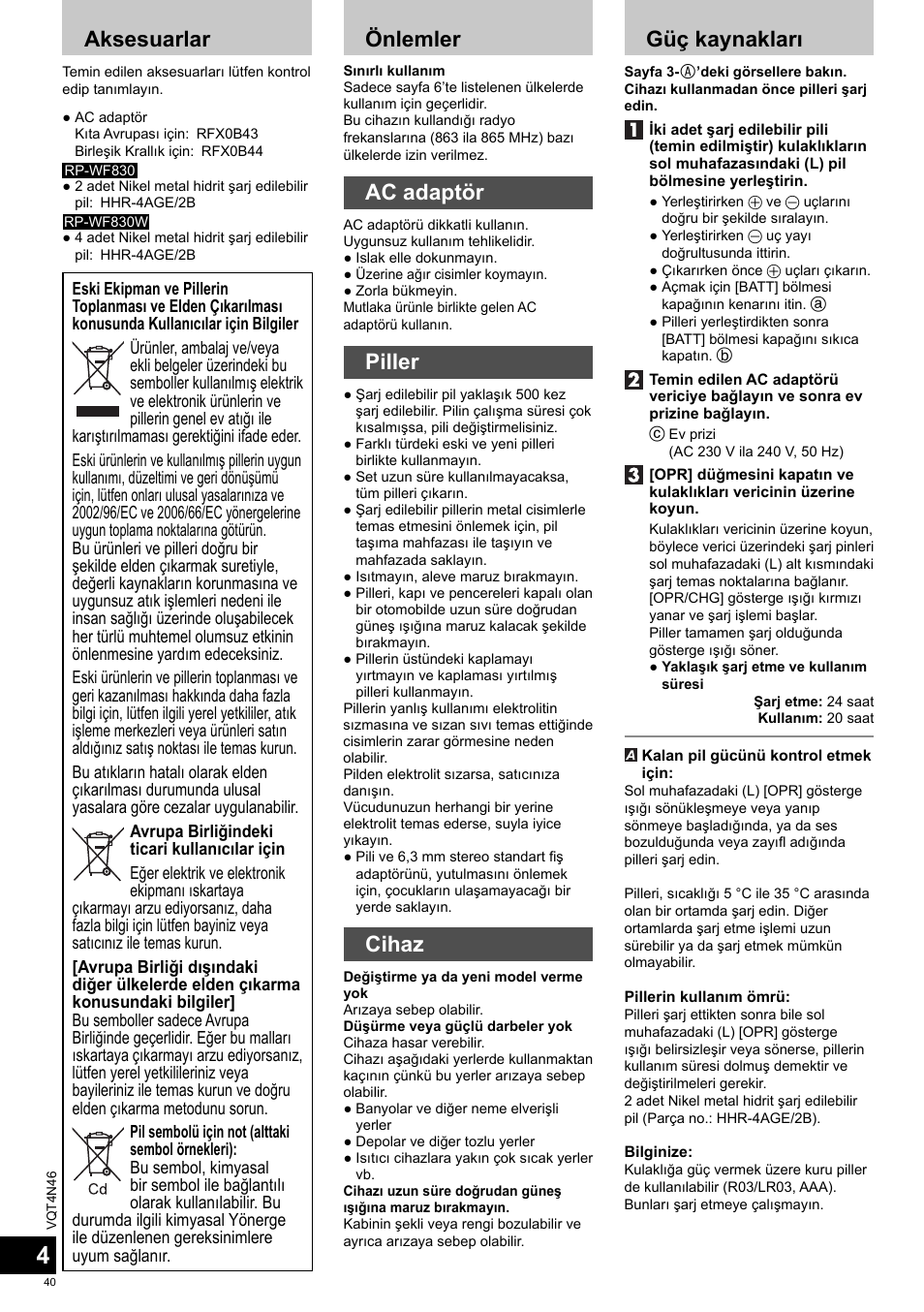 Aksesuarlar, Önlemler, Ac adaptör | Piller, Cihaz, Güç kaynakları | Panasonic RPWF830E User Manual | Page 40 / 52