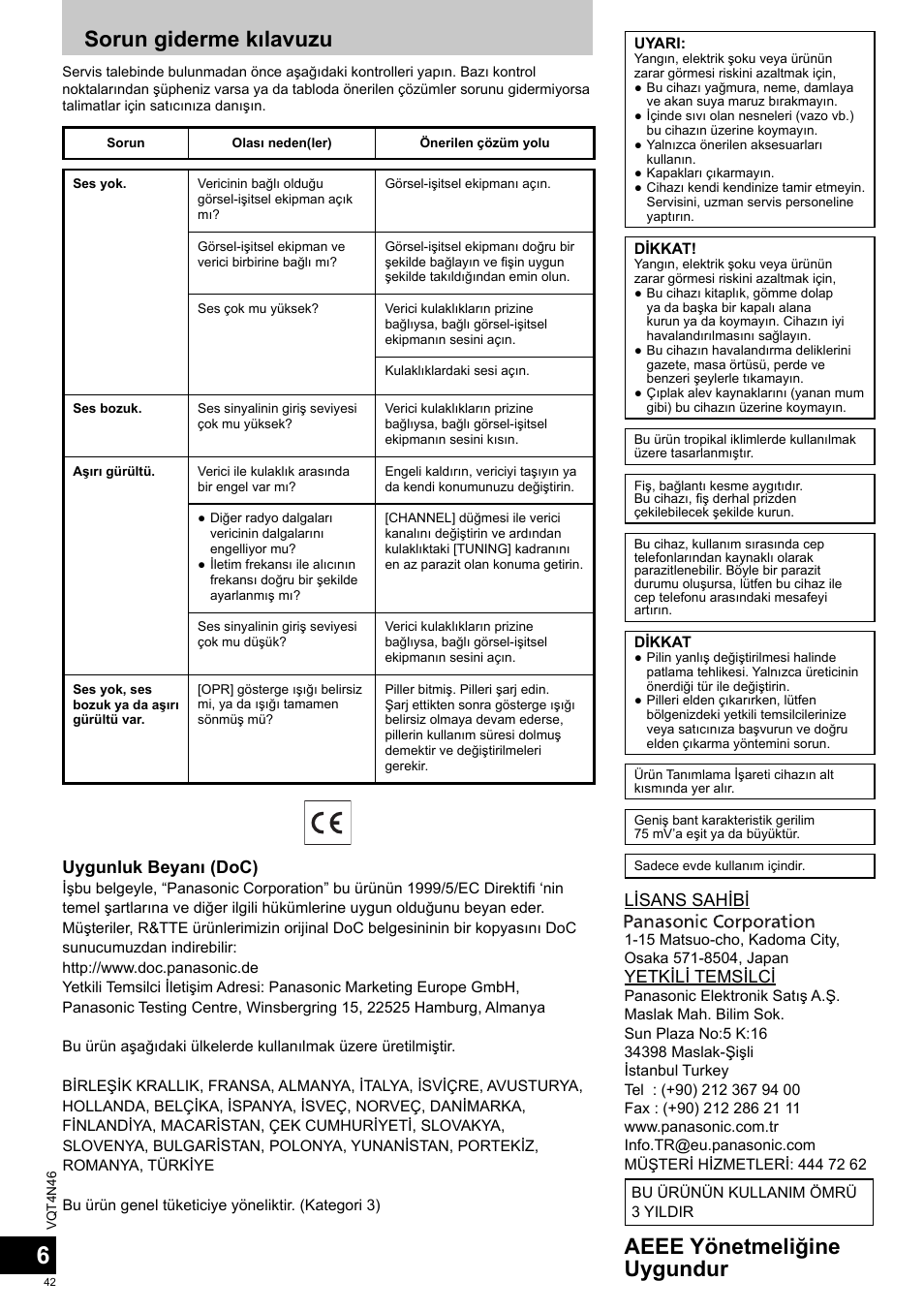 Sorun giderme kılavuzu, Aeee yönetmeliğine uygundur, Uygunluk beyanı (doc) | Lisans sahibi, Yetkili temsilci | Panasonic RPWF830E User Manual | Page 42 / 52
