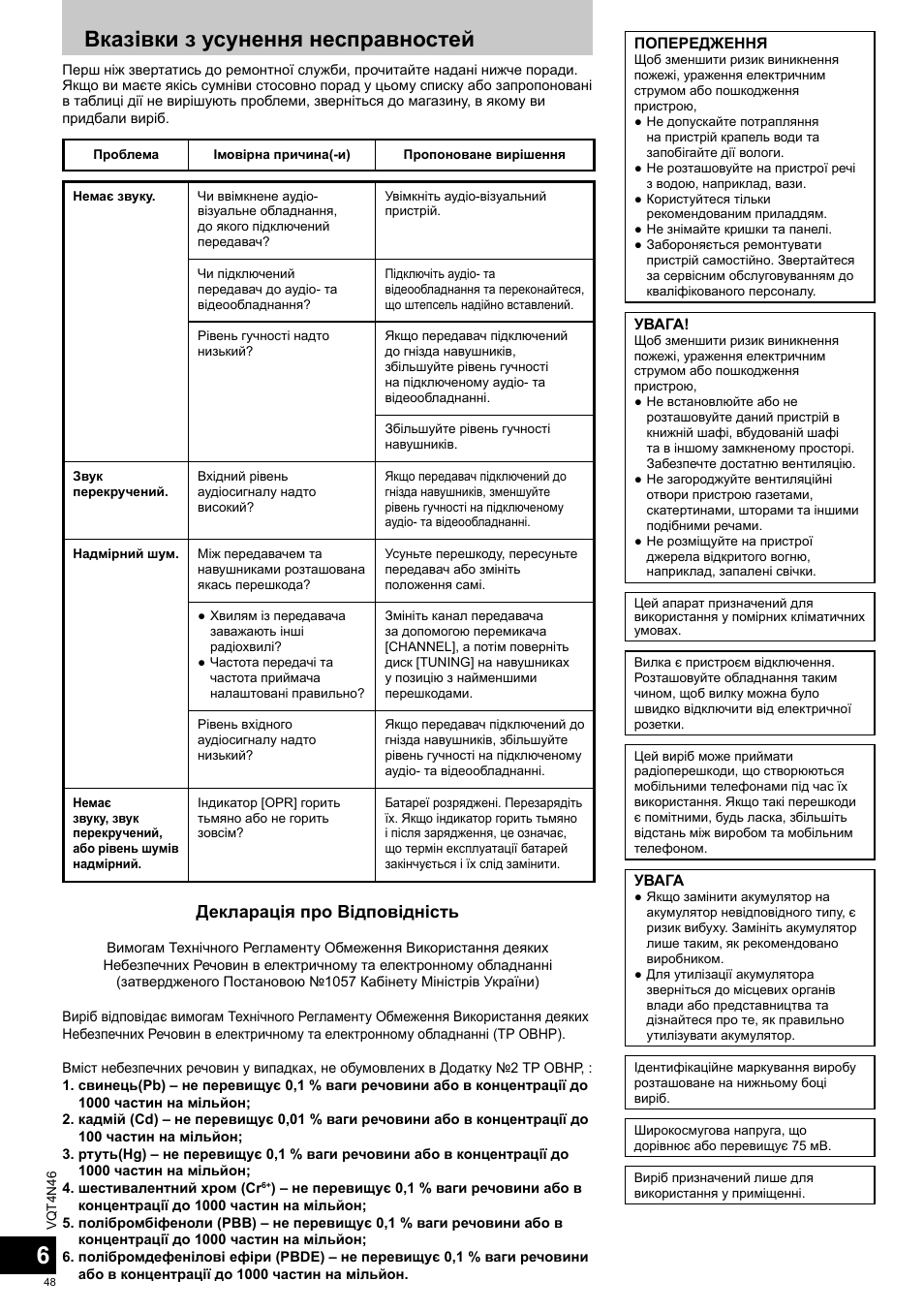 Вказівки з усунення несправностей, Декларація про відповідність | Panasonic RPWF830E User Manual | Page 48 / 52