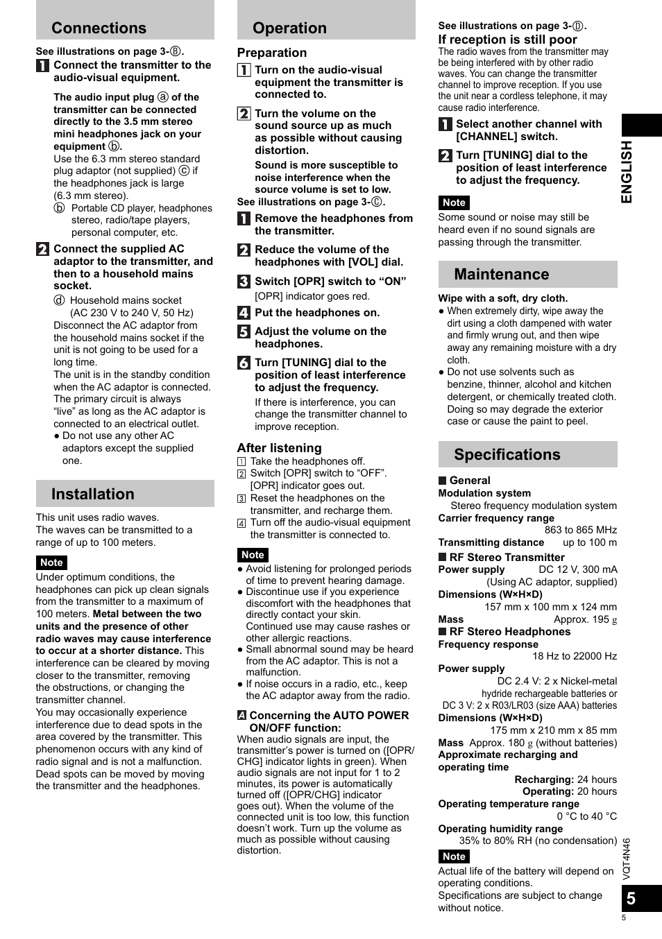 Connections, Installation, Operation | Maintenance, Specifi cations, English | Panasonic RPWF830E User Manual | Page 5 / 52