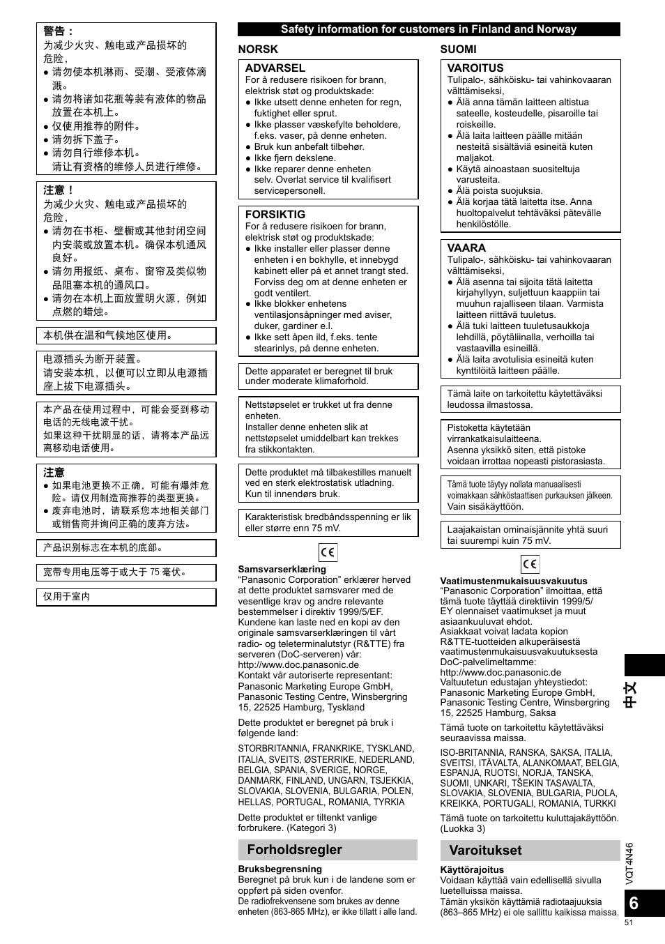 Forholdsregler, Varoitukset | Panasonic RPWF830E User Manual | Page 51 / 52