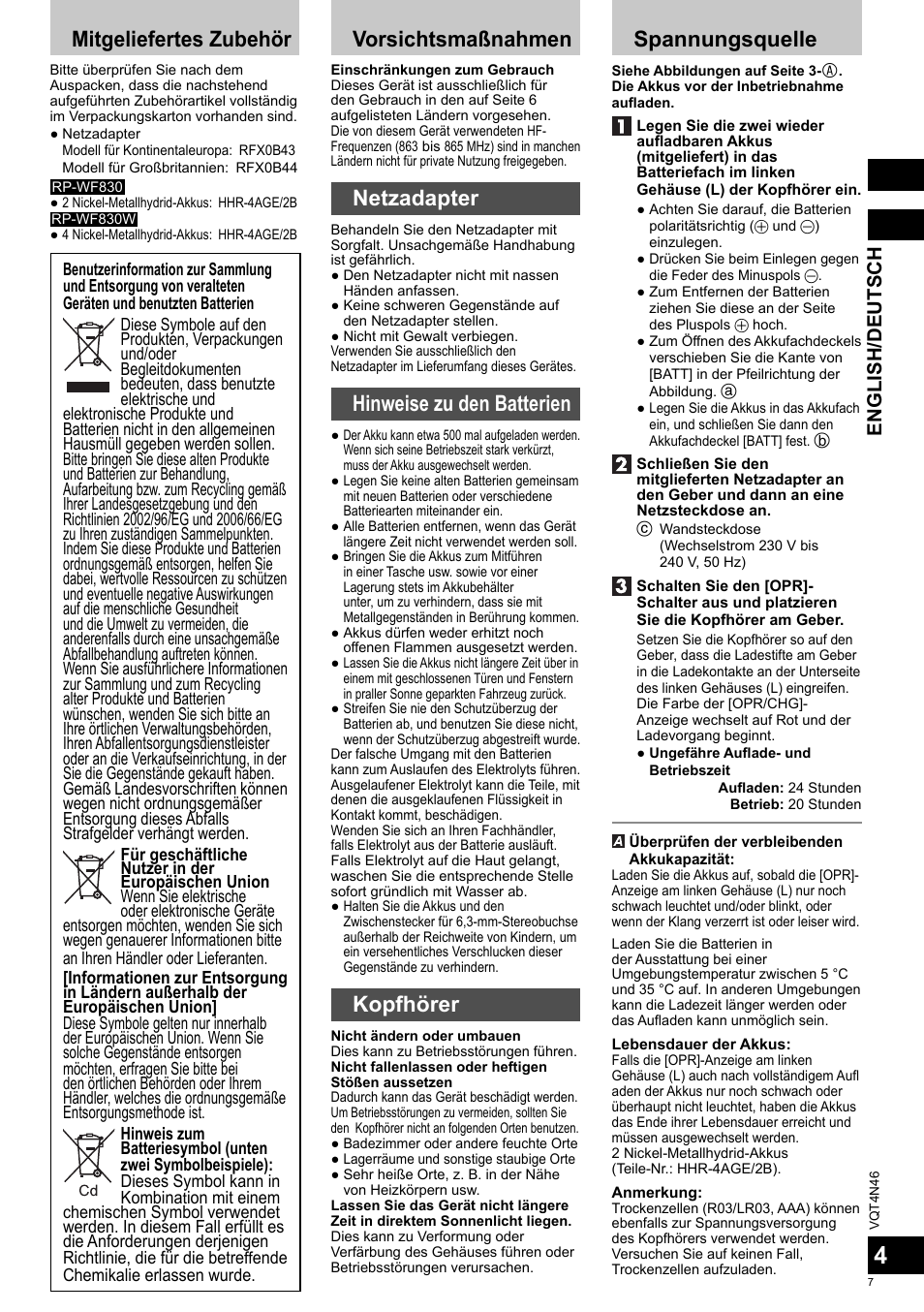 Mitgeliefertes zubehör, Vorsichtsmaßnahmen, Netzadapter | Hinweise zu den batterien, Kopfhörer, Spannungsquelle, English/deutsch | Panasonic RPWF830E User Manual | Page 7 / 52