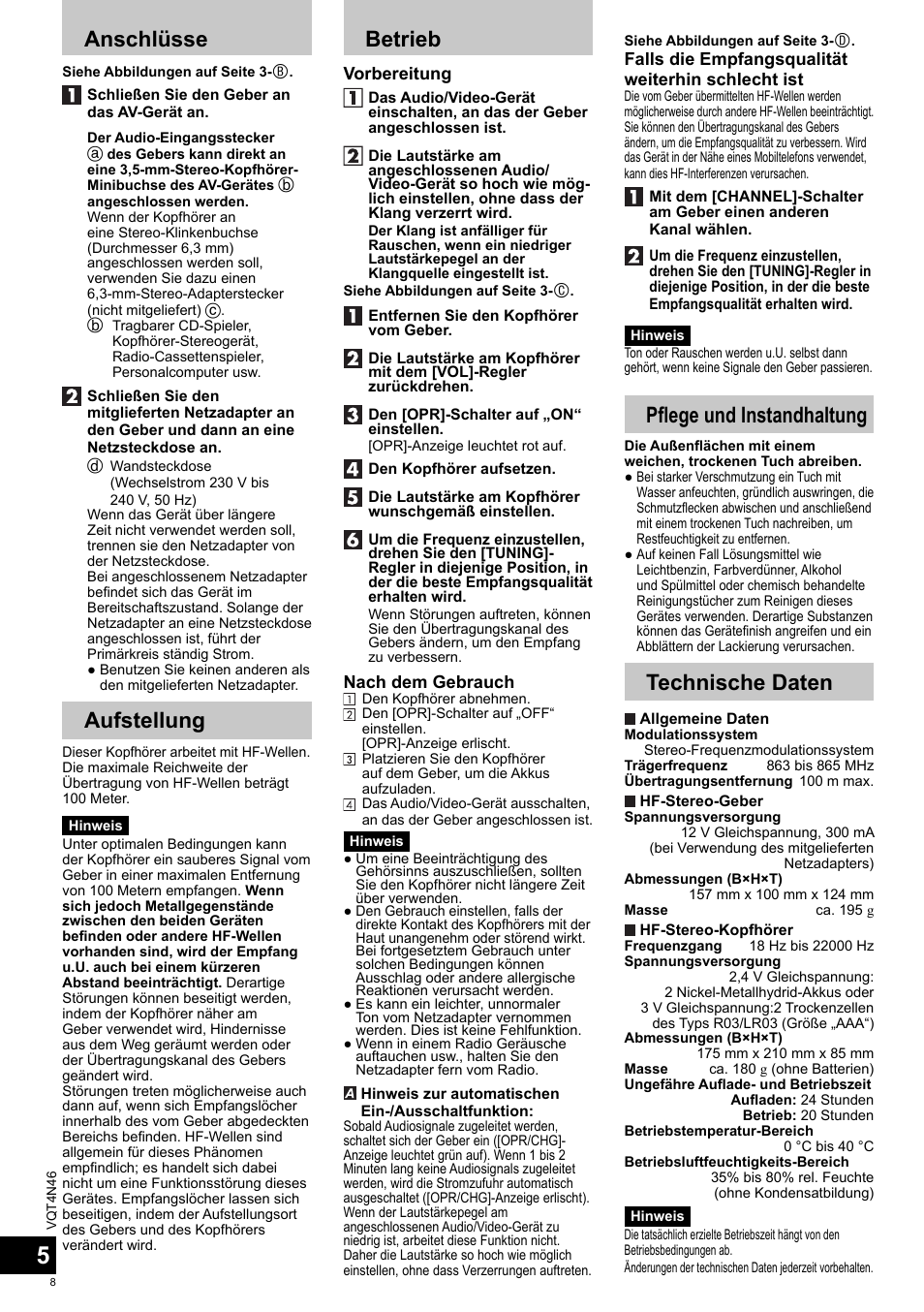 Anschlüsse, Aufstellung, Betrieb | Pfl ege und instandhaltung, Technische daten, Vorbereitung, Nach dem gebrauch, Falls die empfangsqualität weiterhin schlecht ist | Panasonic RPWF830E User Manual | Page 8 / 52